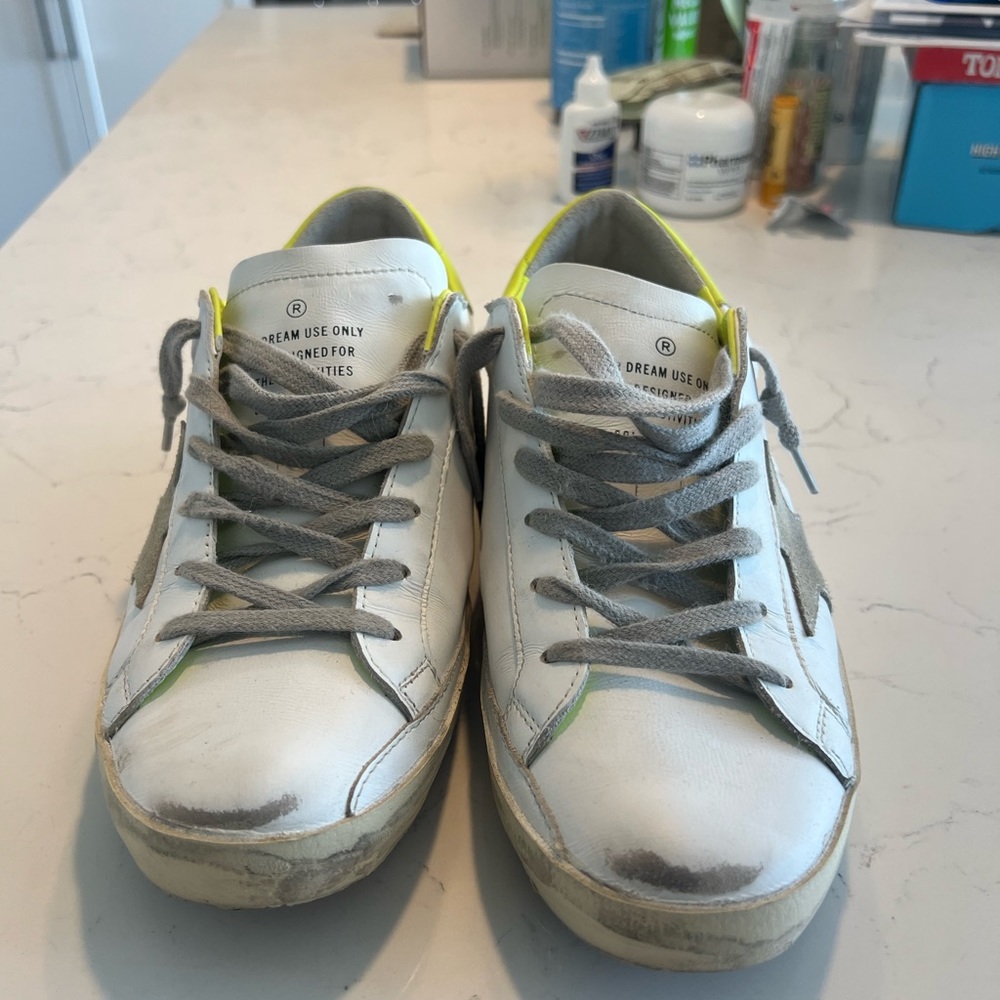 Golden Goose White Sneakers with Gray Star and Neon Yellow Heel - Picture 7 of 13